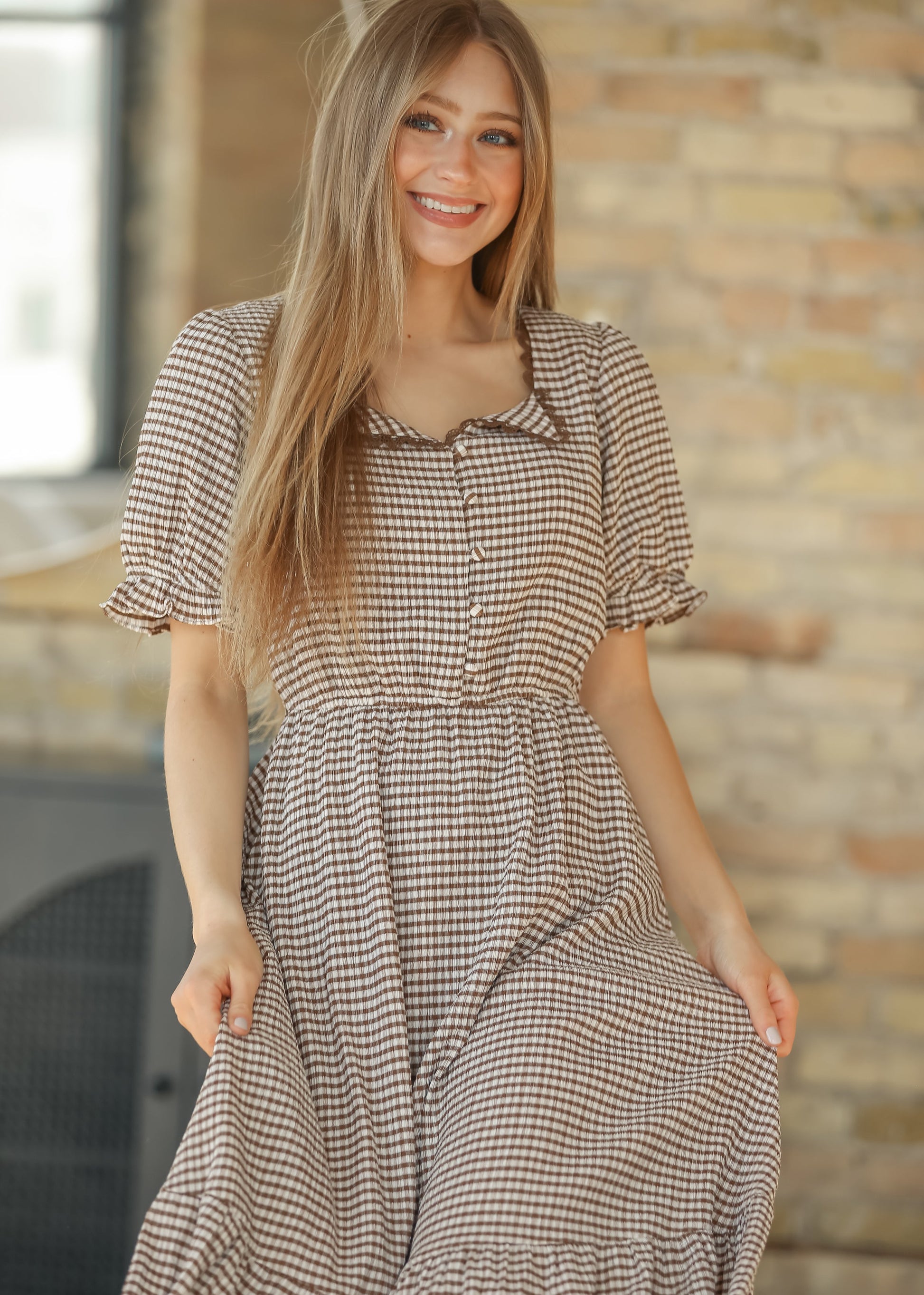 Lace Trim Checkered Maxi Dress FF Dresses