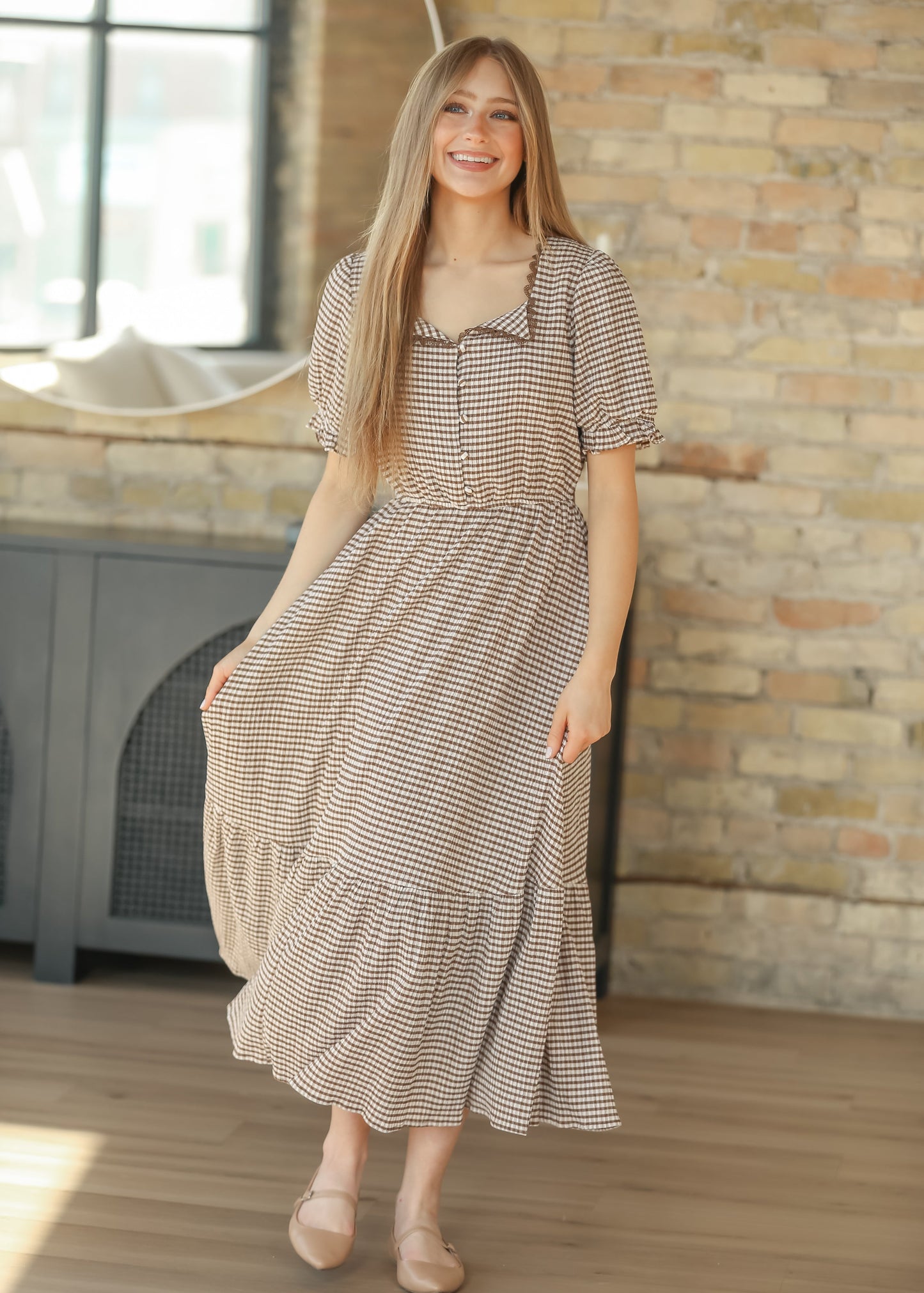 Lace Trim Checkered Maxi Dress FF Dresses