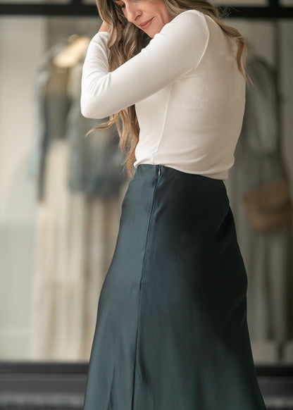 Lace Trim Satin Midi Skirt FF Skirts