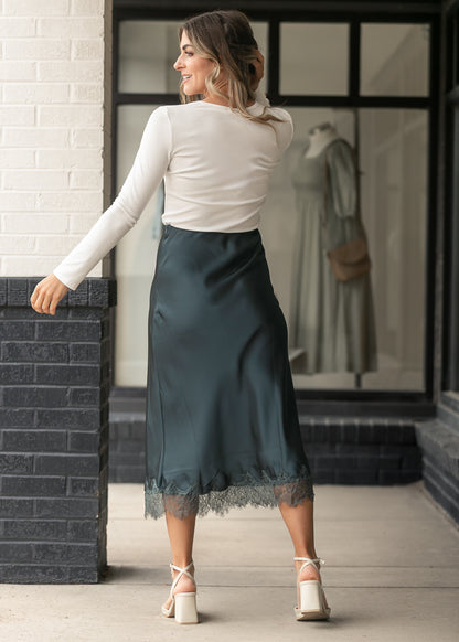 Lace Trim Satin Midi Skirt FF Skirts