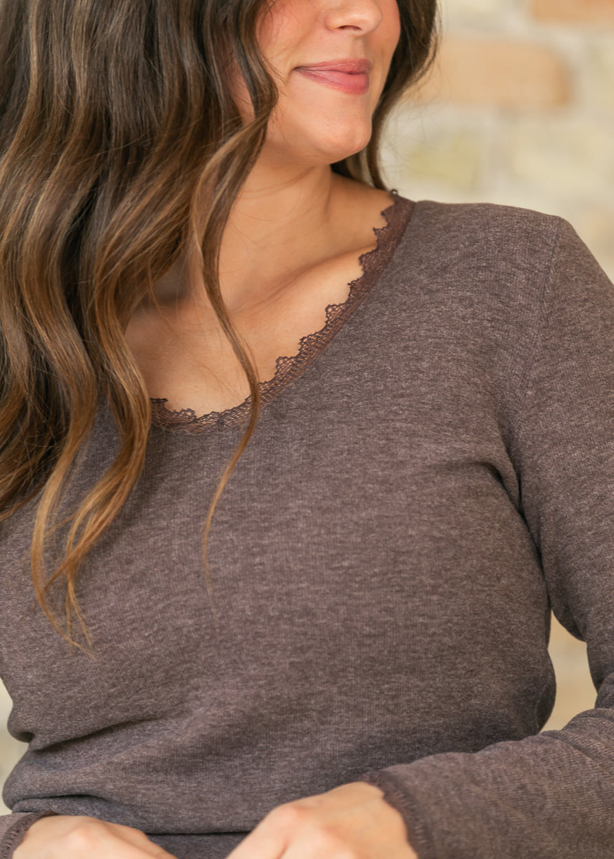 Lace Trim V-neck Knit Brown Top FF Tops