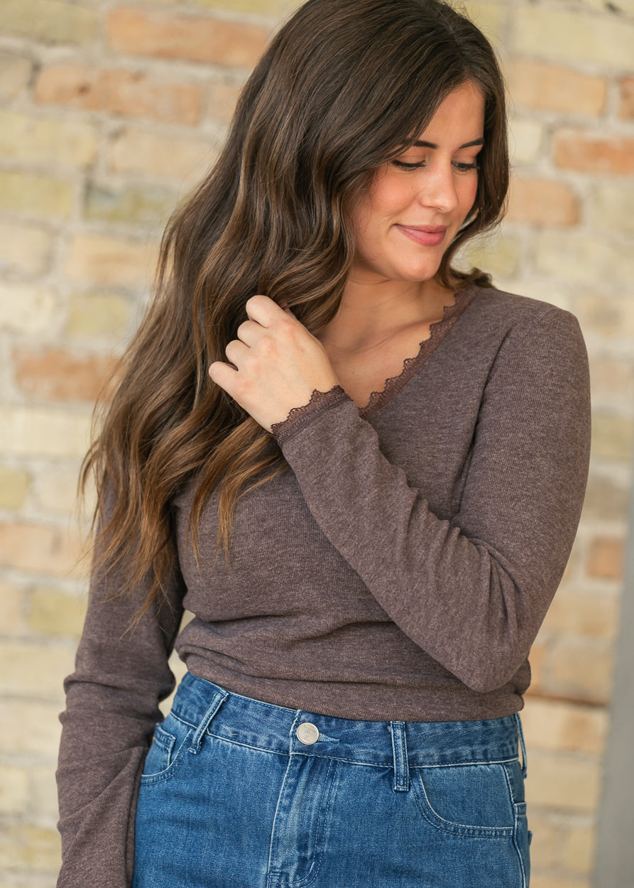 Lace Trim V-neck Knit Brown Top FF Tops