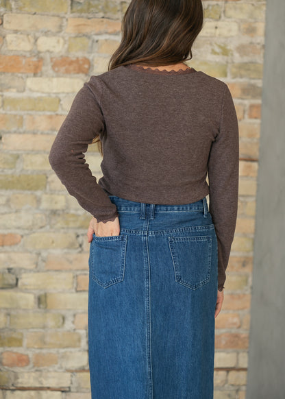 Lace Trim V-neck Knit Brown Top FF Tops
