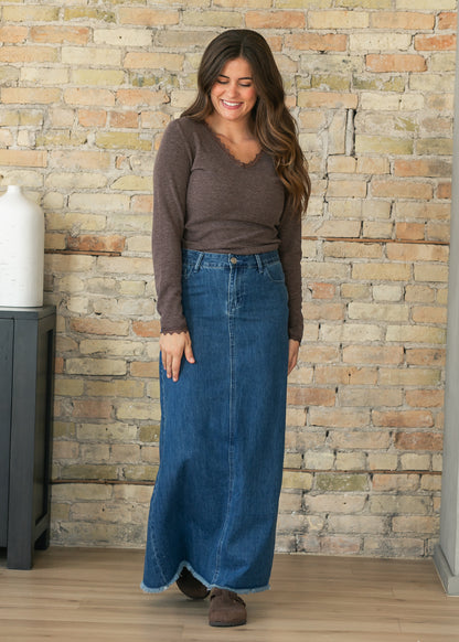 Lace Trim V-neck Knit Brown Top FF Tops