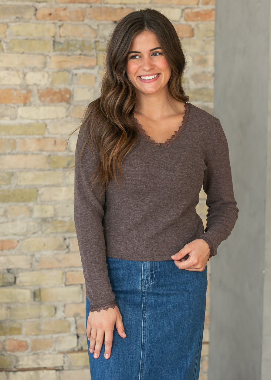 Lace Trim V-neck Knit Brown Top FF Tops S