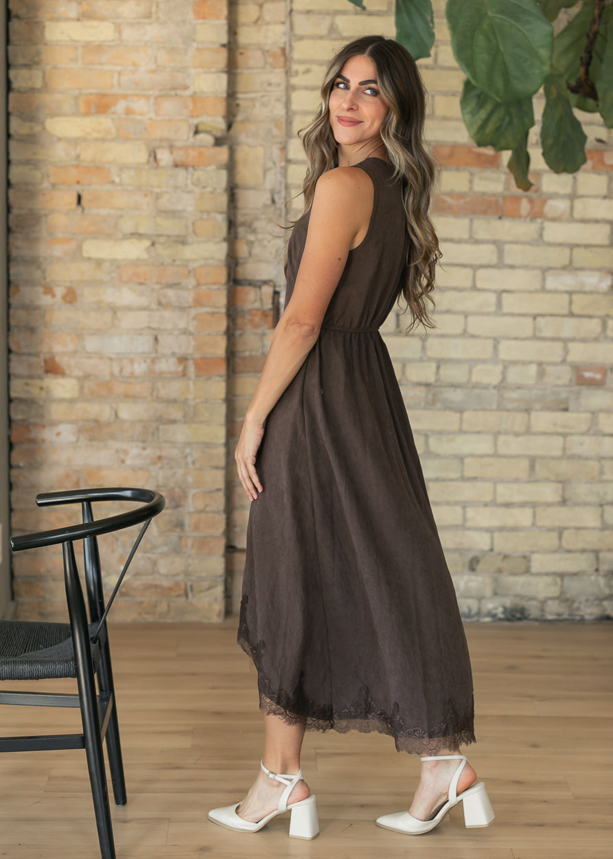 Lace Trim V-neck Midi Dress FF Dresses