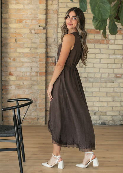 Lace Trim V-neck Midi Dress FF Dresses