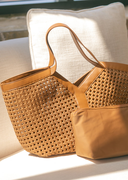 Large Camel Woven Tote Bag Accessory