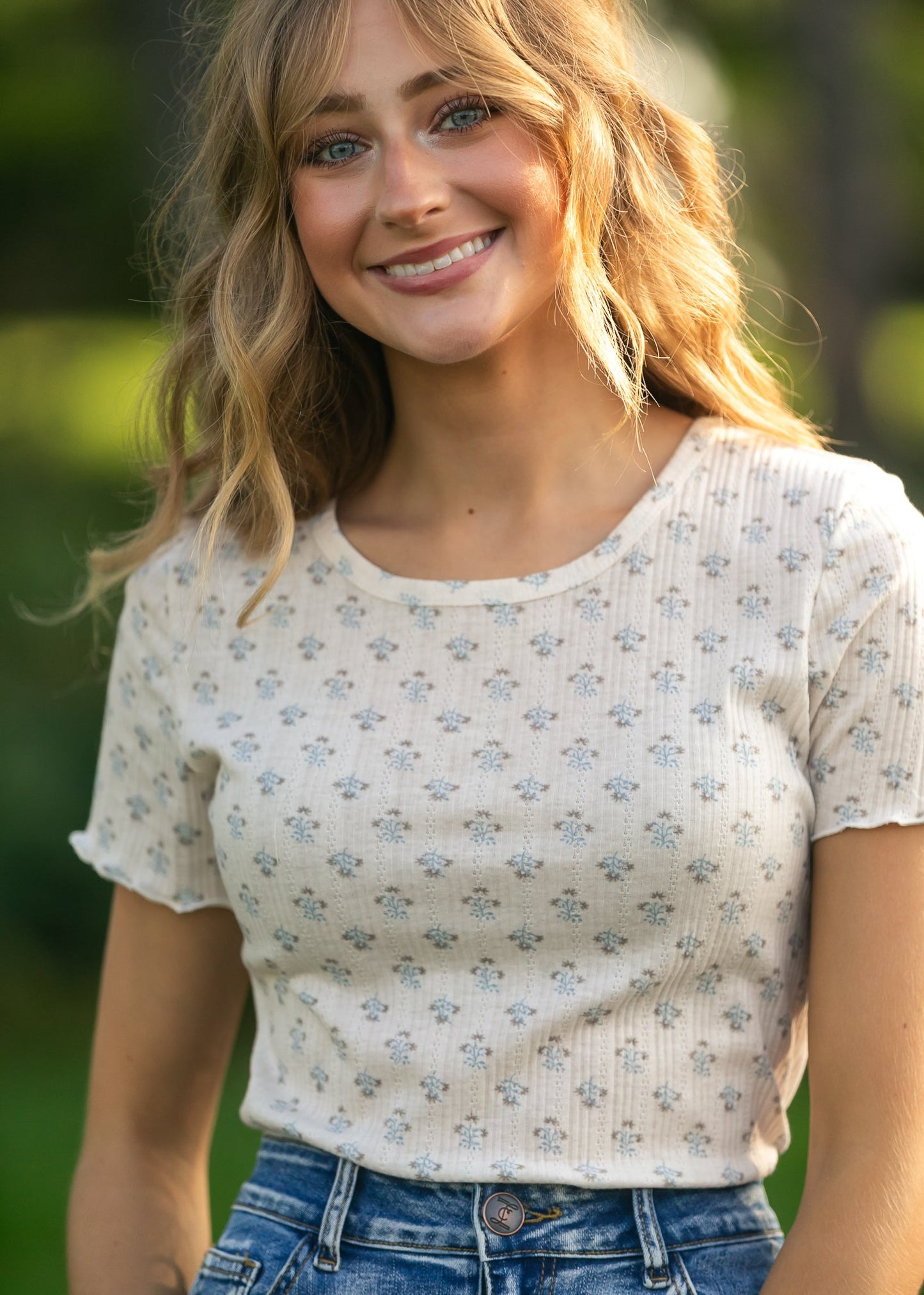 Larza Blue Floral Lettuce Hem Top IC Tops