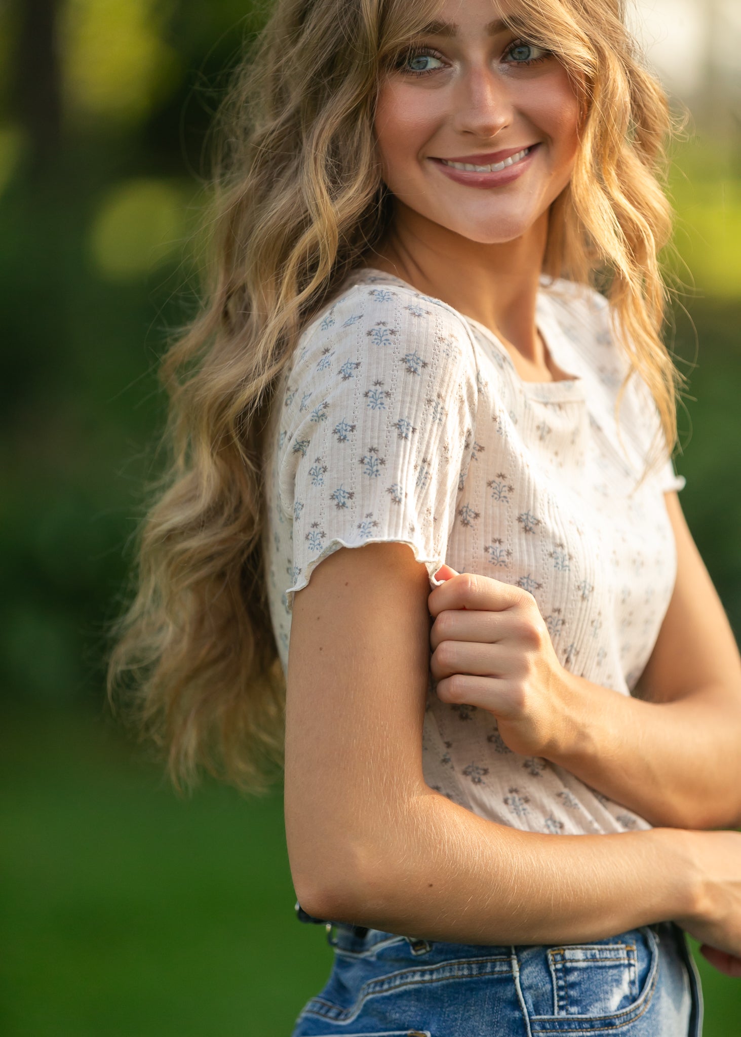 Larza Blue Floral Lettuce Hem Top IC Tops