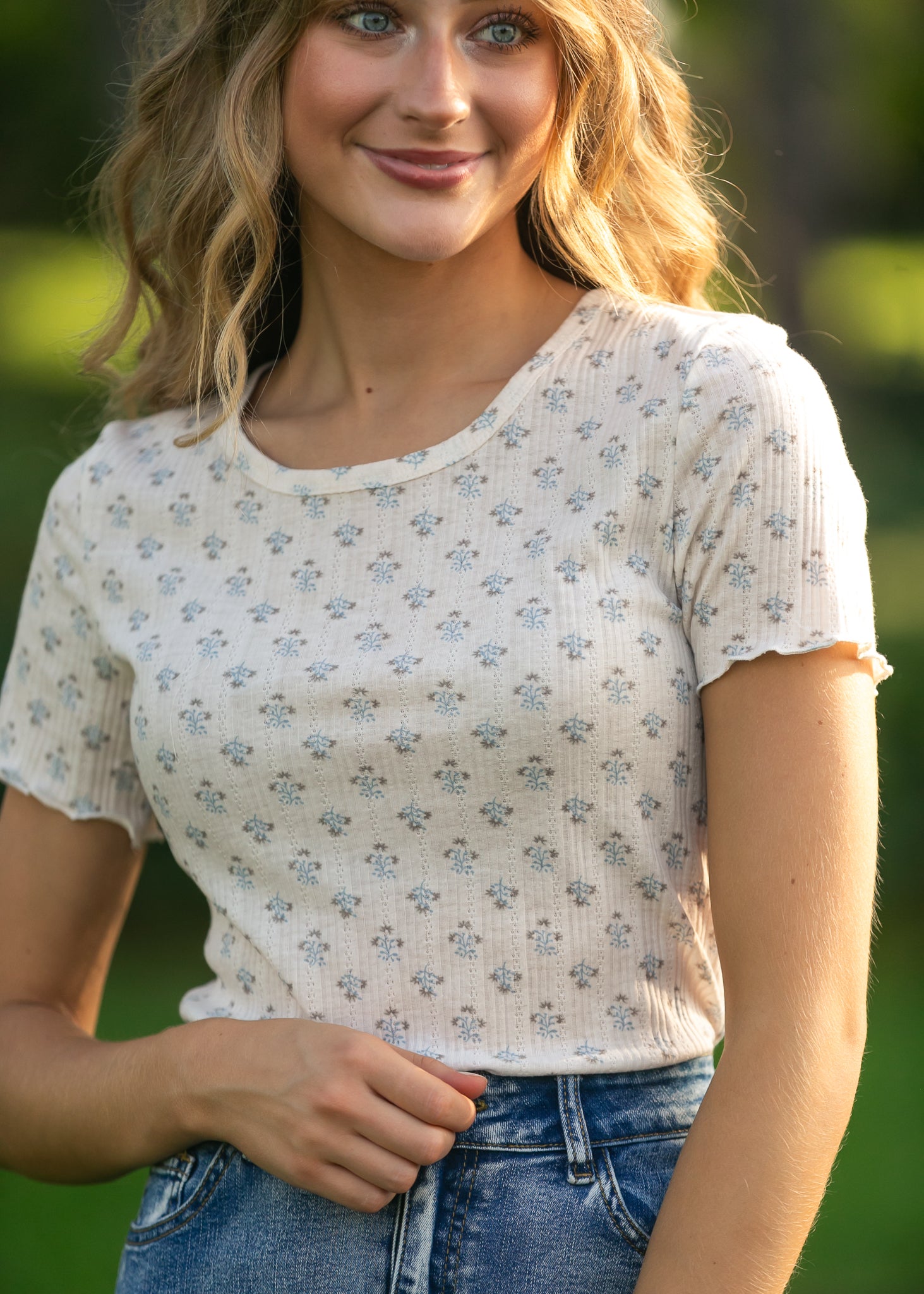 Larza Blue Floral Lettuce Hem Top IC Tops