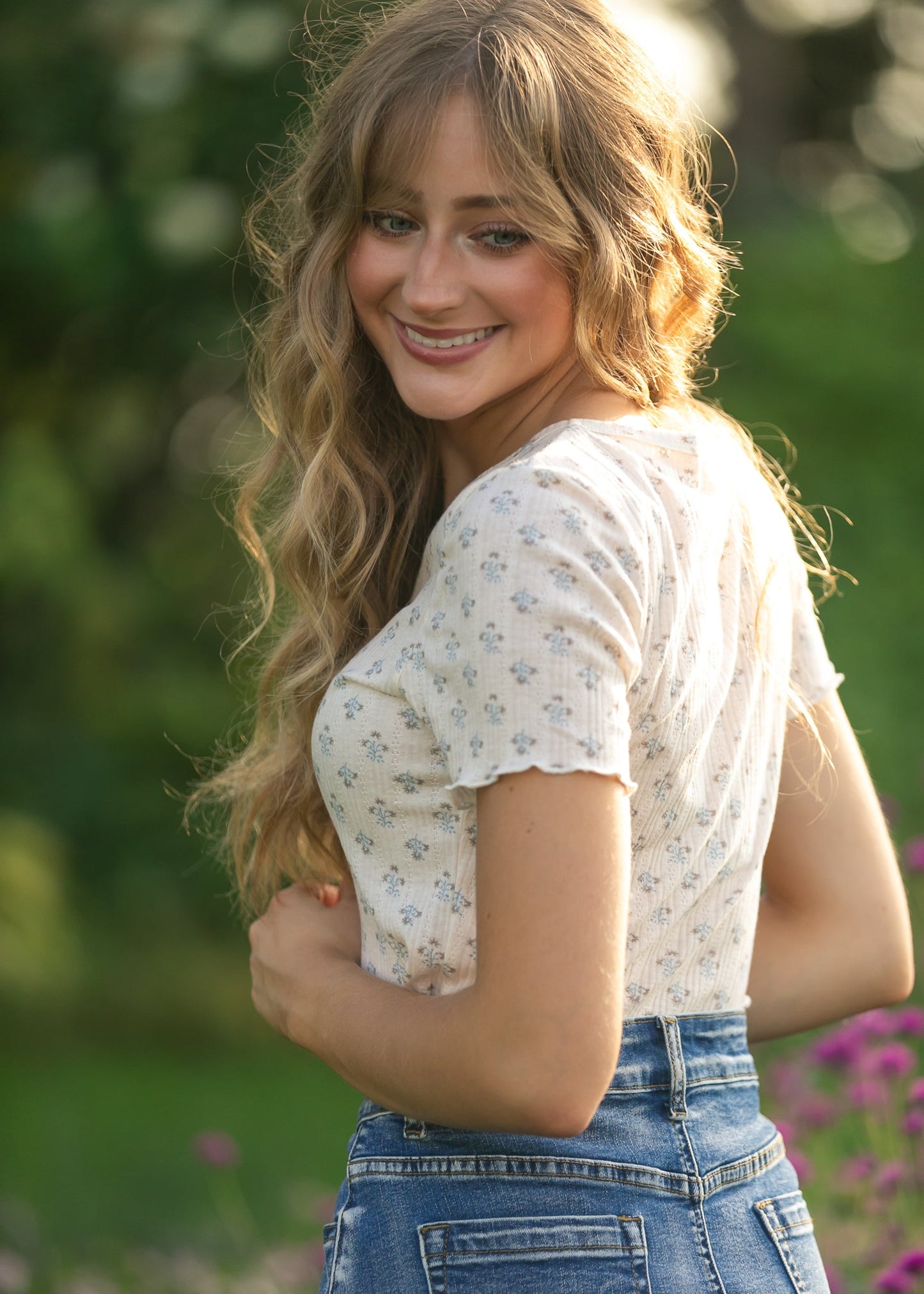 Larza Blue Floral Lettuce Hem Top IC Tops