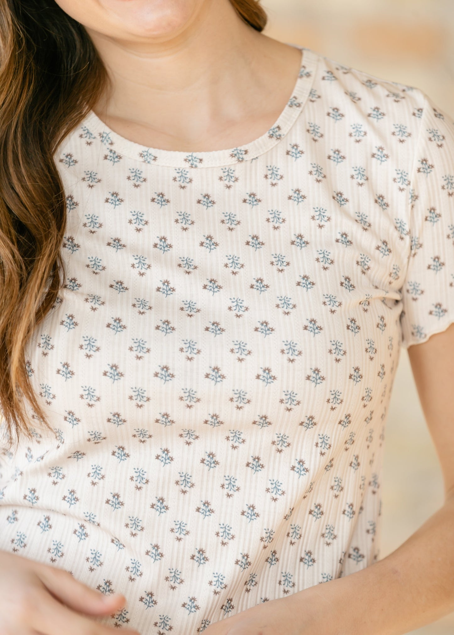 Larza Blue Floral Lettuce Hem Top IC Tops