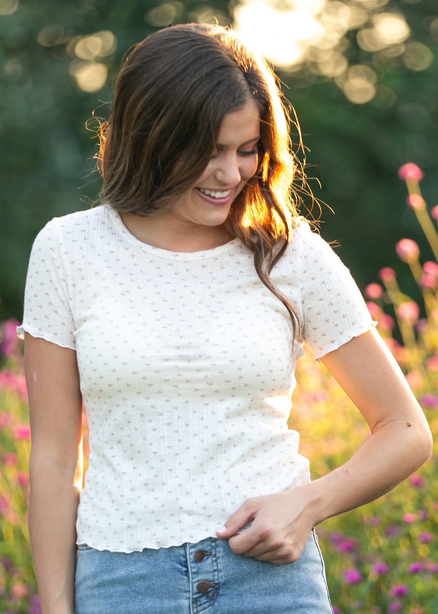 Larza Taupe Floral Lettuce Hem Top IC Tops