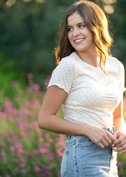 Larza Taupe Floral Lettuce Hem Top IC Tops