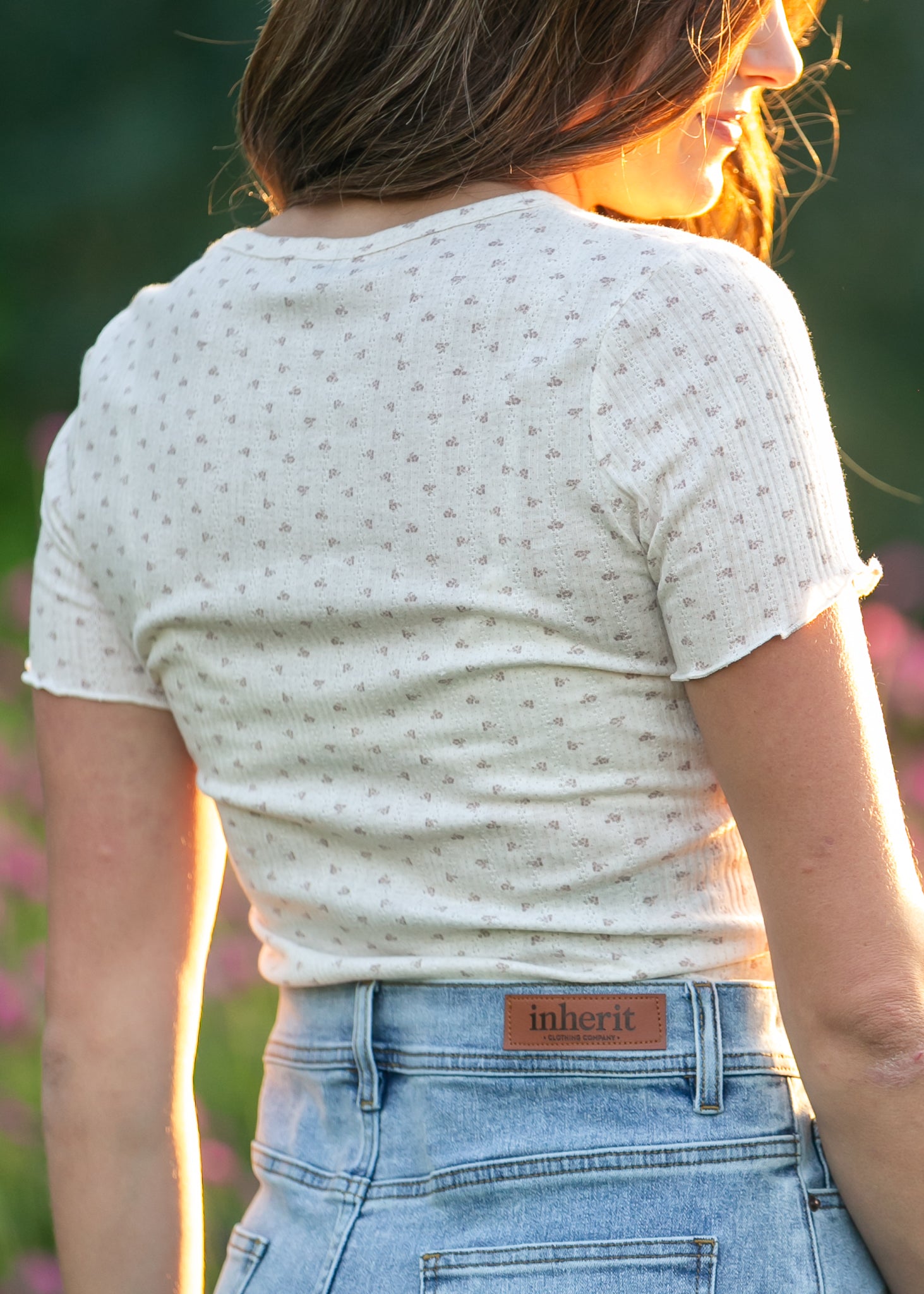 Larza Taupe Floral Lettuce Hem Top IC Tops