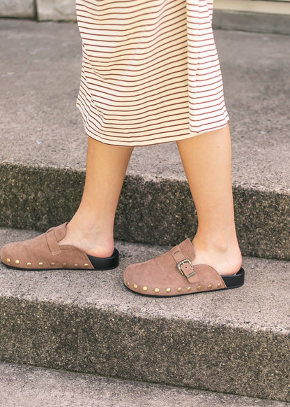 Latte Studded Buckle Clog Shoes
