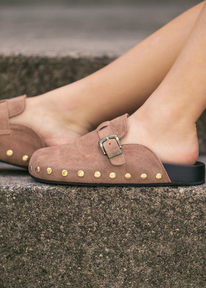 Latte Studded Buckle Clog Shoes