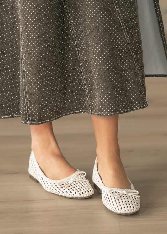 Lattice Woven Bone White Ballet Flats Shoes
