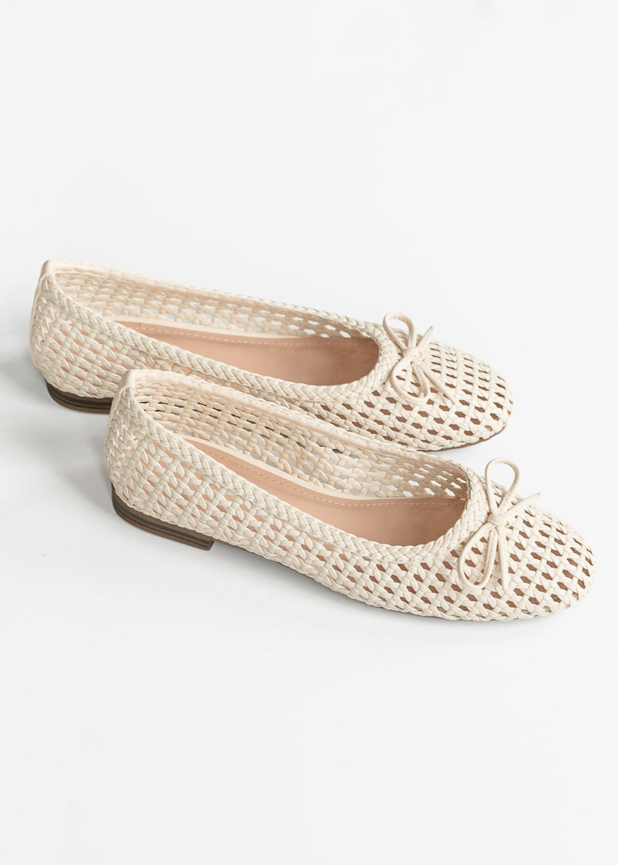 Lattice Woven Bone White Ballet Flats Shoes