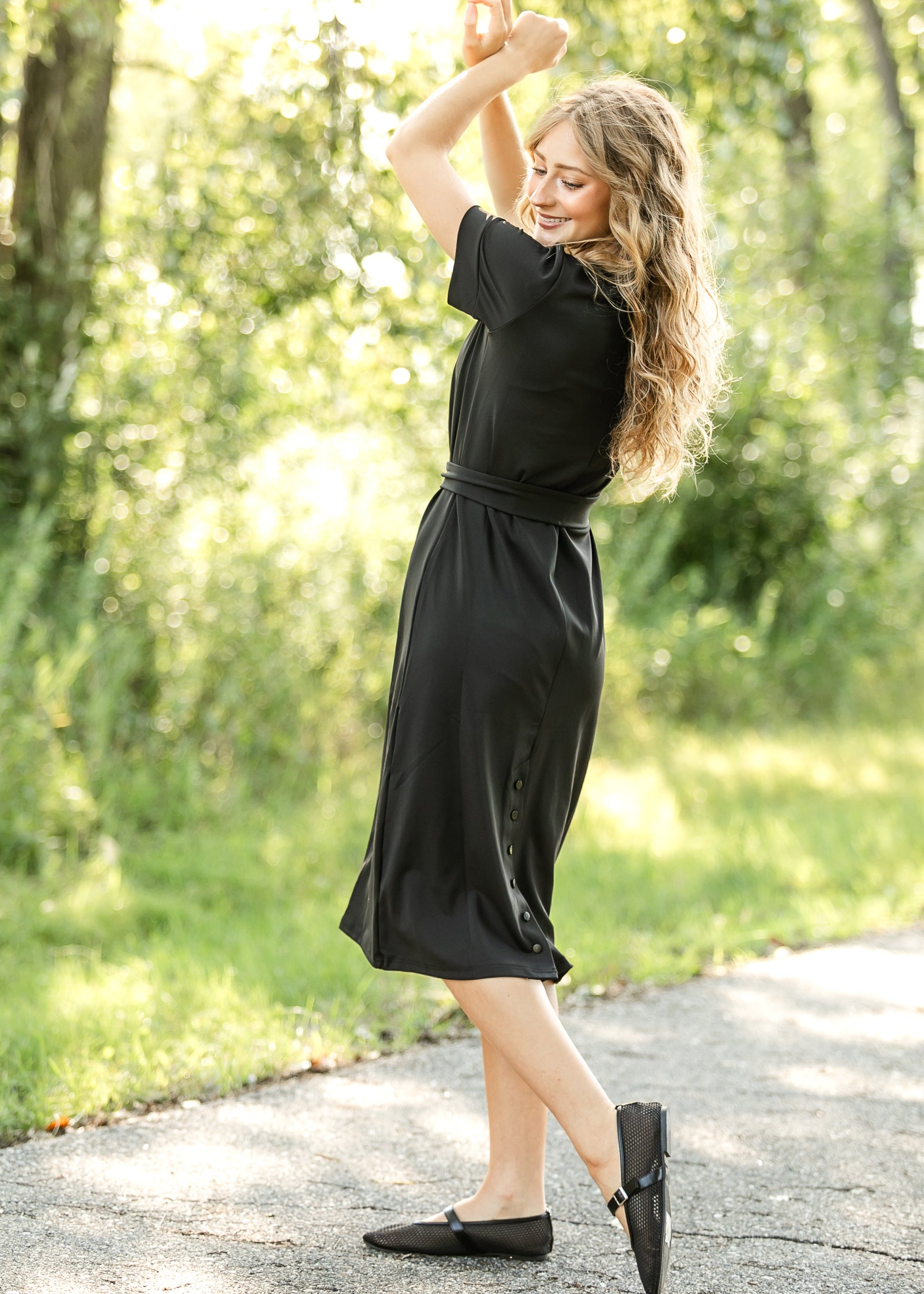 midi woman within dresses that cinch at the waist are honestly the most flattering for every body type., Whether you have a heavier midsection or fuller hips, the waist detail creates shape instantly., The midi Pair with sandals Discover Affordable Plus Size Midi
