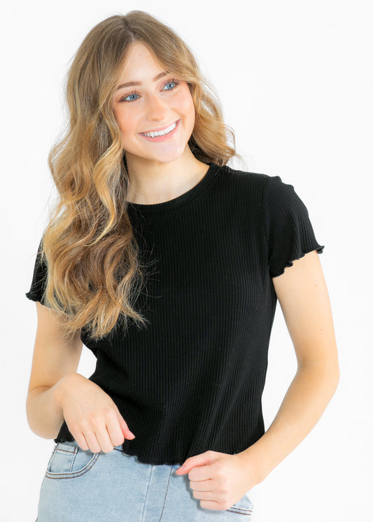 Lettuce Hem Short Sleeve Ribbed T-shirt FF Tops