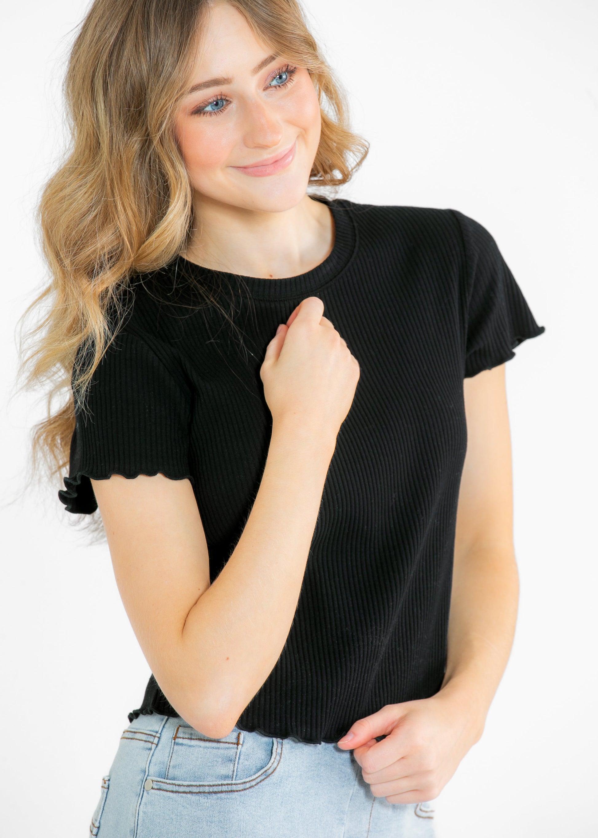 Lettuce Hem Short Sleeve Ribbed T-shirt FF Tops