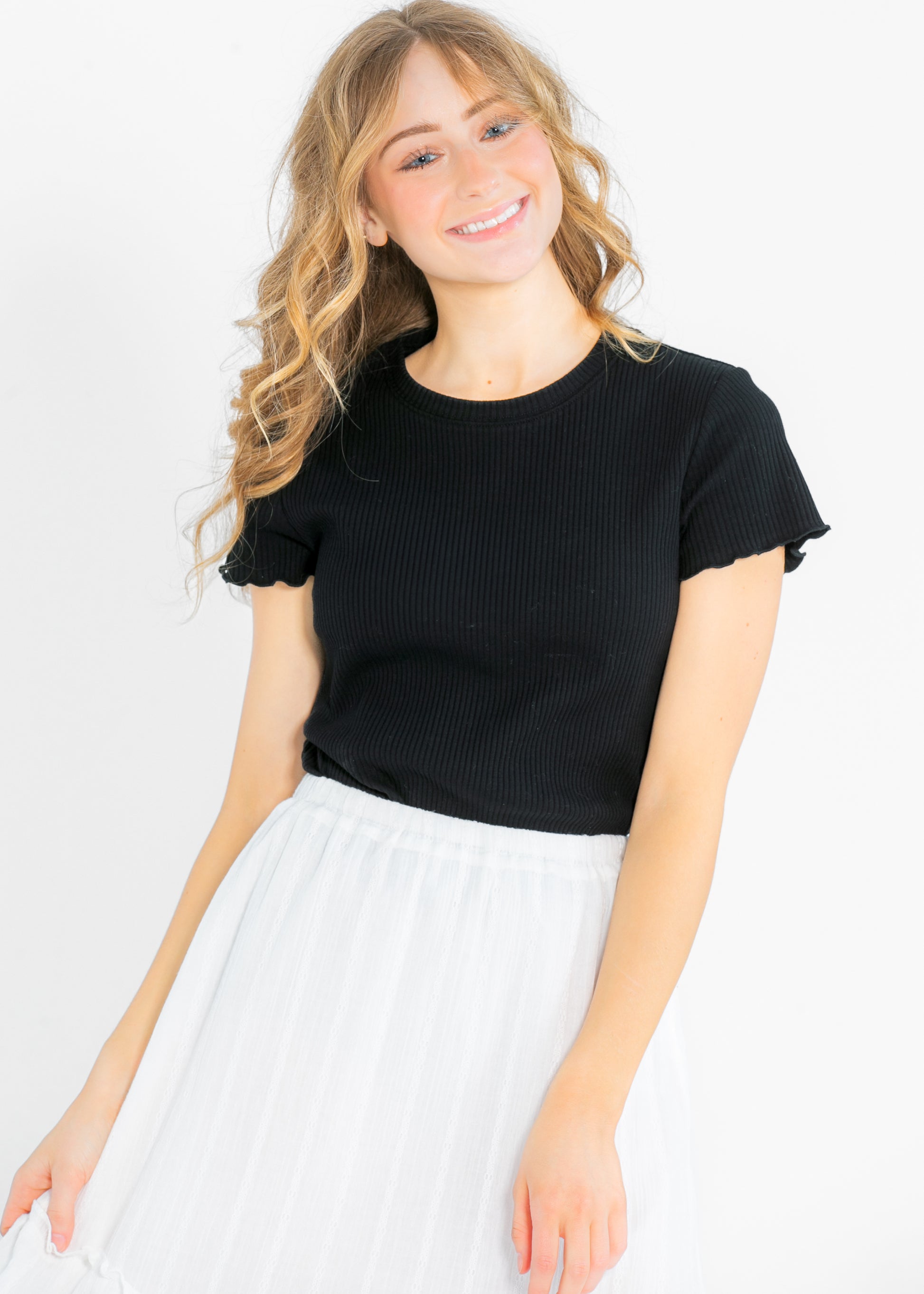 Lettuce Hem Short Sleeve Ribbed T-shirt FF Tops