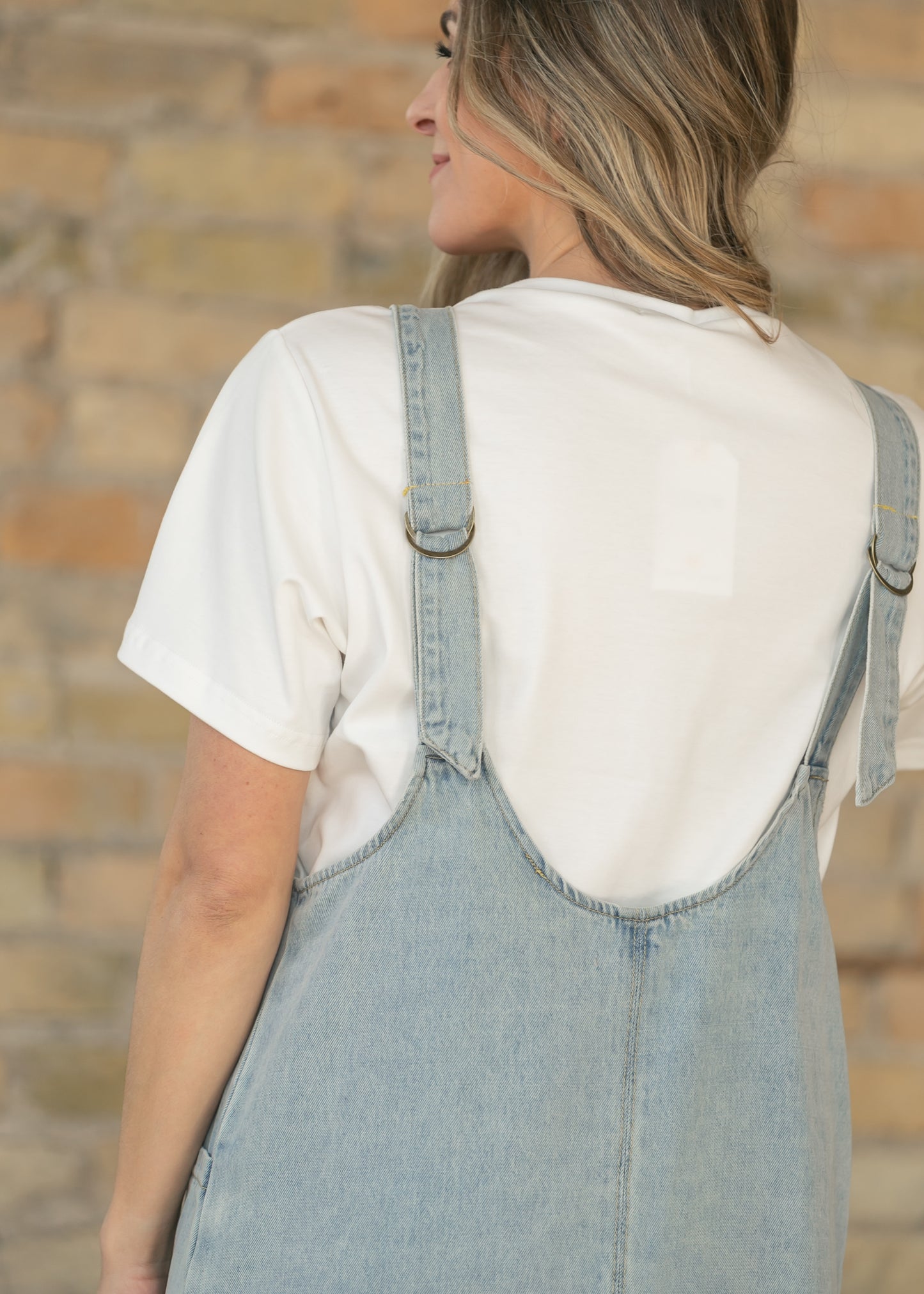 Light Wash Denim Overall Midi Dress FF Dresses