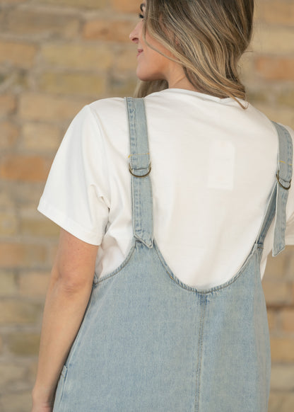Light Wash Denim Overall Midi Dress FF Dresses