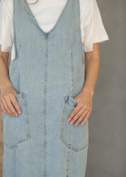 Light Wash Denim Overall Midi Dress FF Dresses
