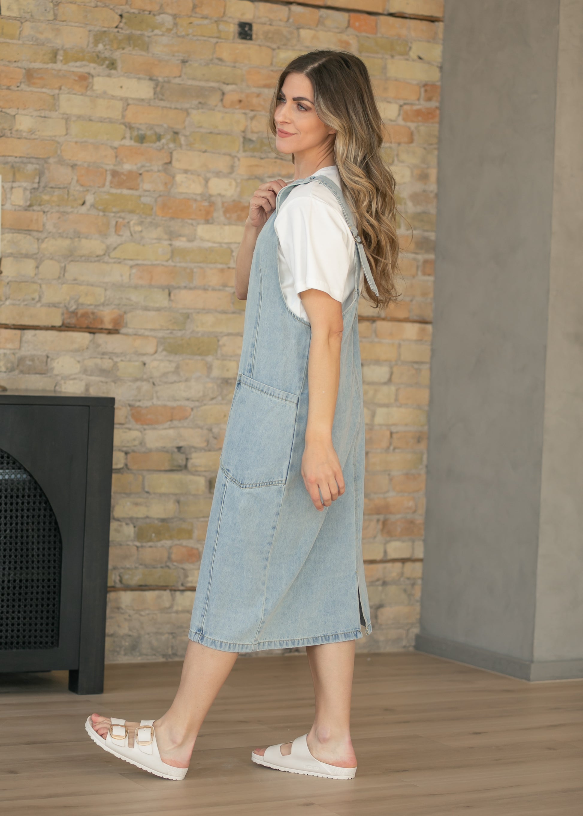 Light Wash Denim Overall Midi Dress FF Dresses