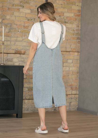 Light Wash Denim Overall Midi Dress FF Dresses