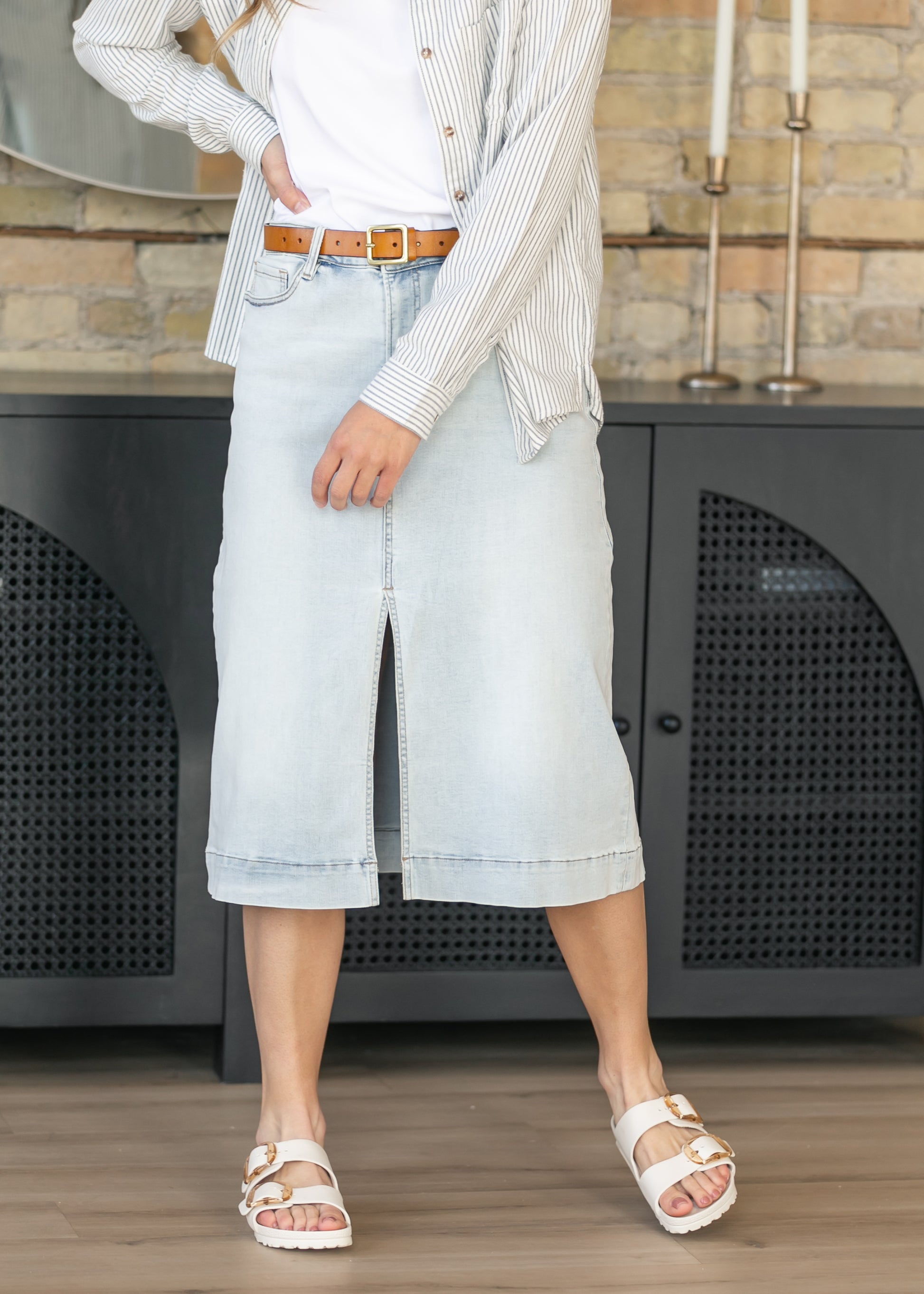 Light Wash High-Rise Denim Midi Skirt FF Skirts