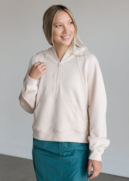 Lightweight Half Zip Hoodie Sweatshirt FF Tops Cream / S