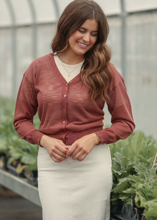 Lightweight V Neck Cardigan Rust