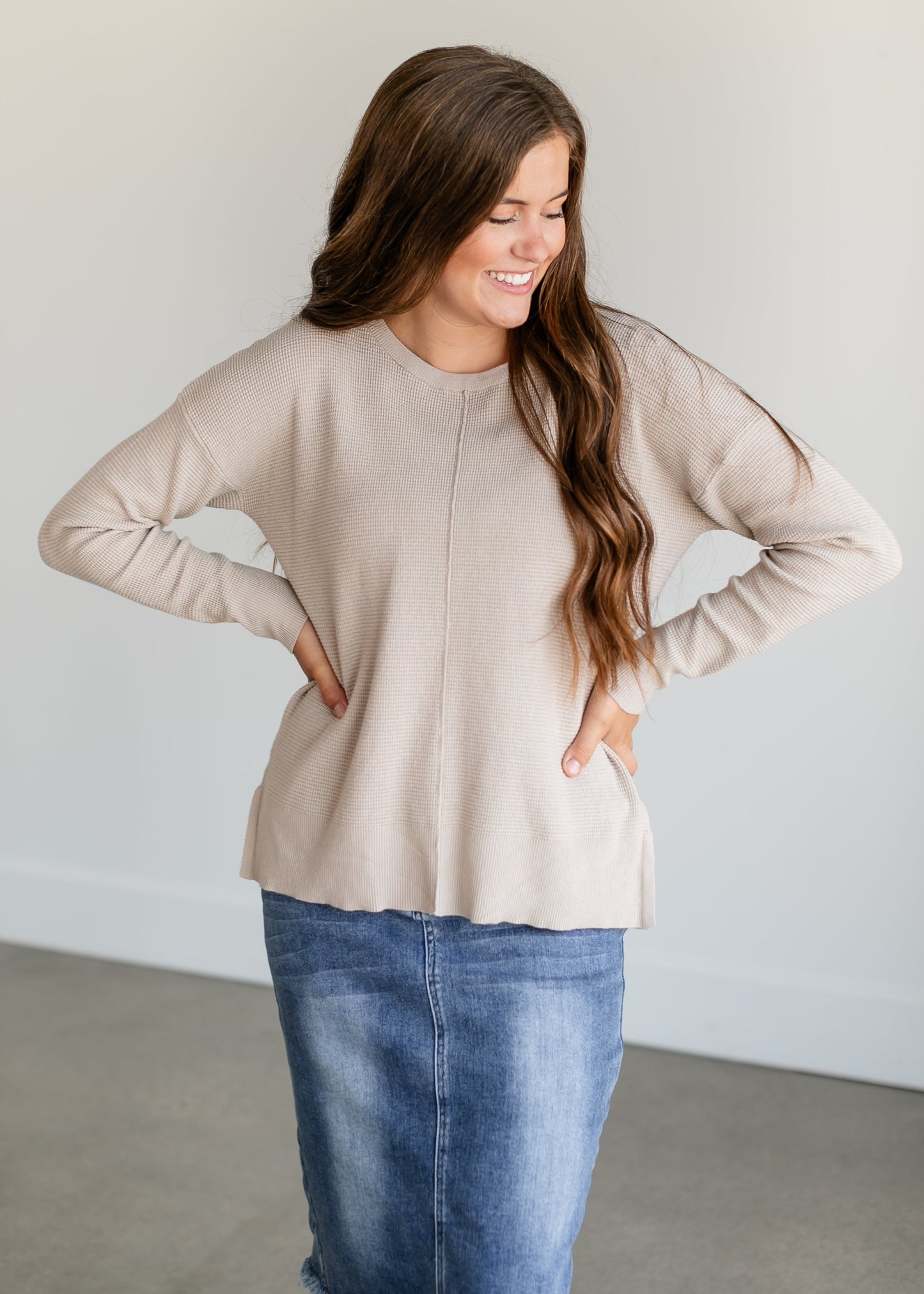 Lightweight Waffle Crewneck Sweater FF Tops Taupe / S