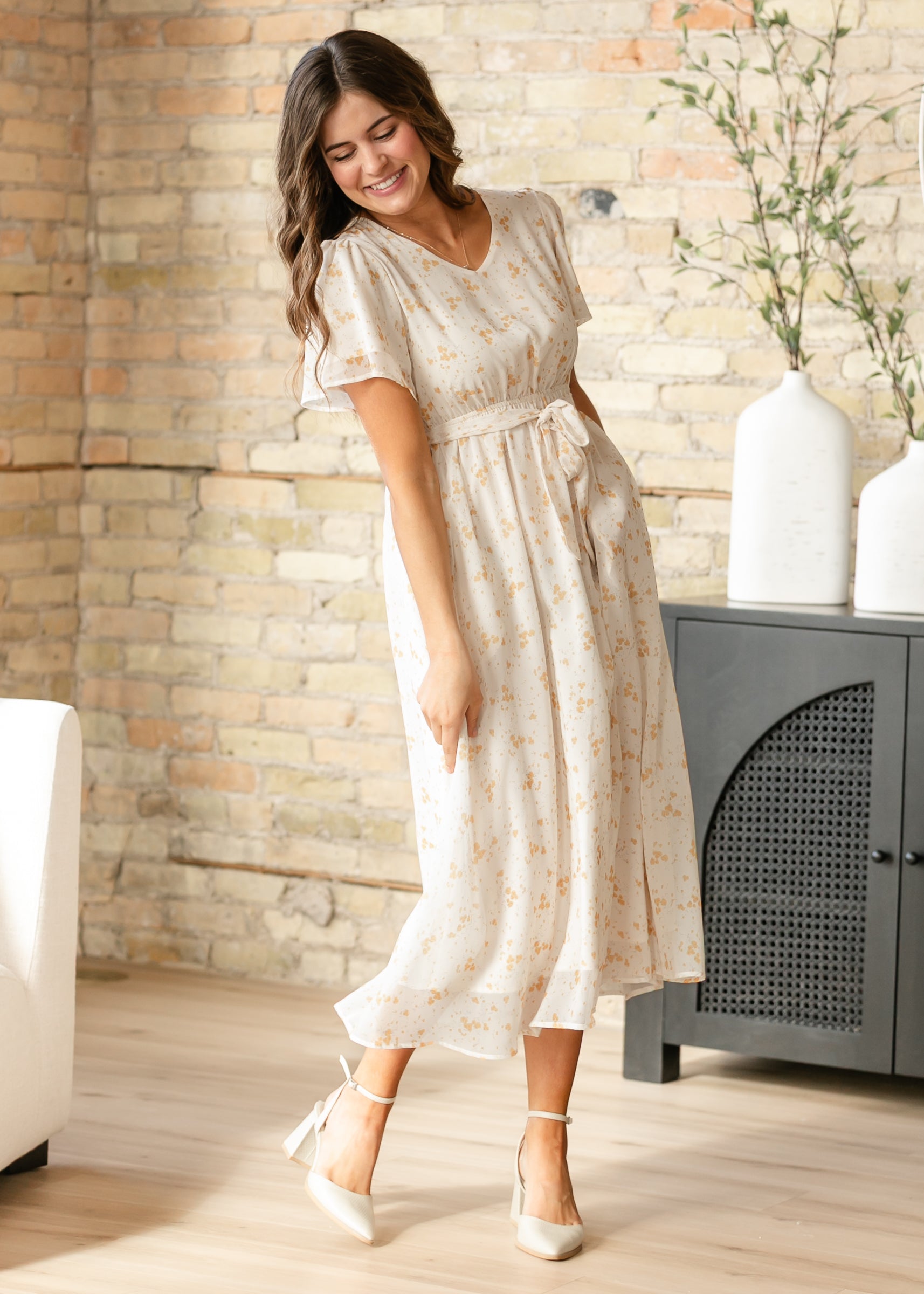 knee length dresses for ladies Kathlene Flutter Sleeves Maxi Dress Cream main image 0
