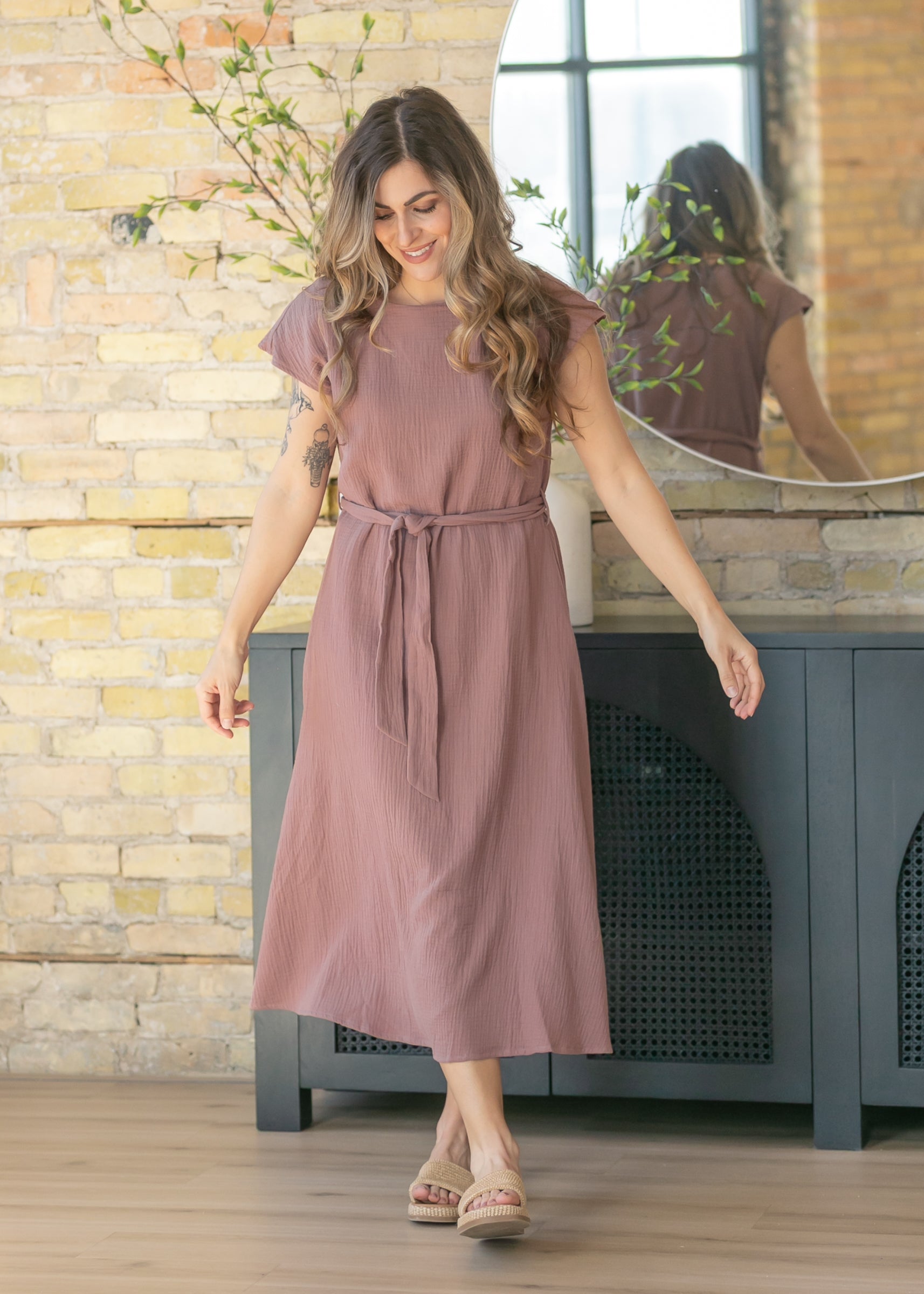 mauve midi bridesmaid dresses Lily Mauve Gauze Belted Midi Dress, Small