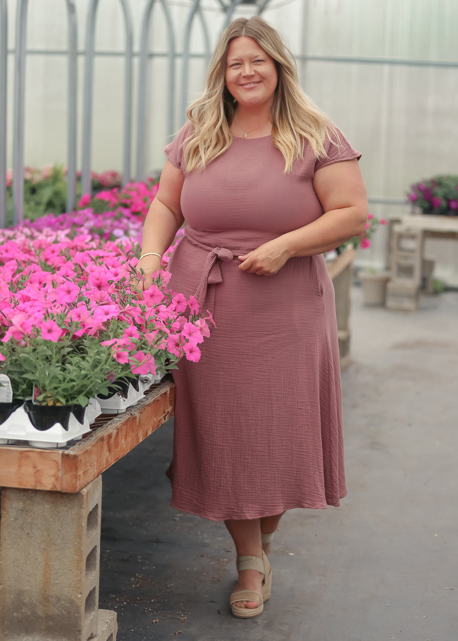 Mauve Gauze Belted Midi Dress | Inherit Co. – Inherit Co.
