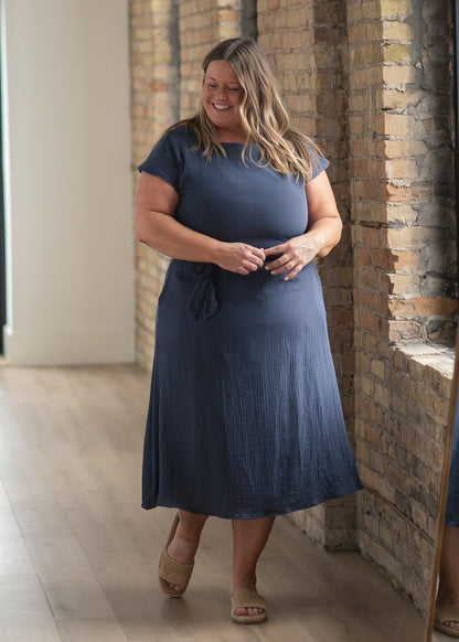 Lily Navy Gauze Belted Midi Dress IC Dresses