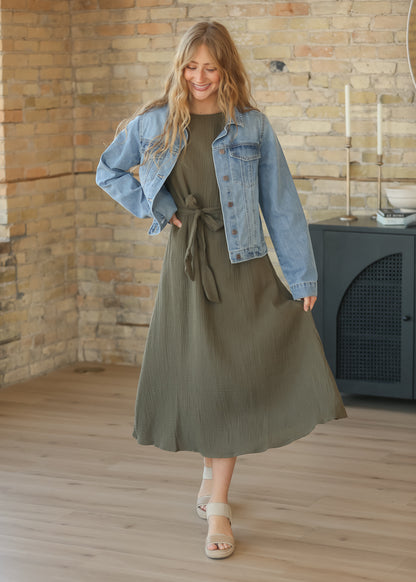 Lily Olive Gauze Belted Midi Dress IC Dresses