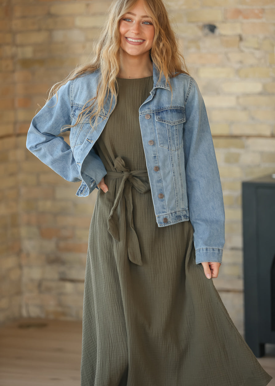 Lily Olive Gauze Belted Midi Dress IC Dresses