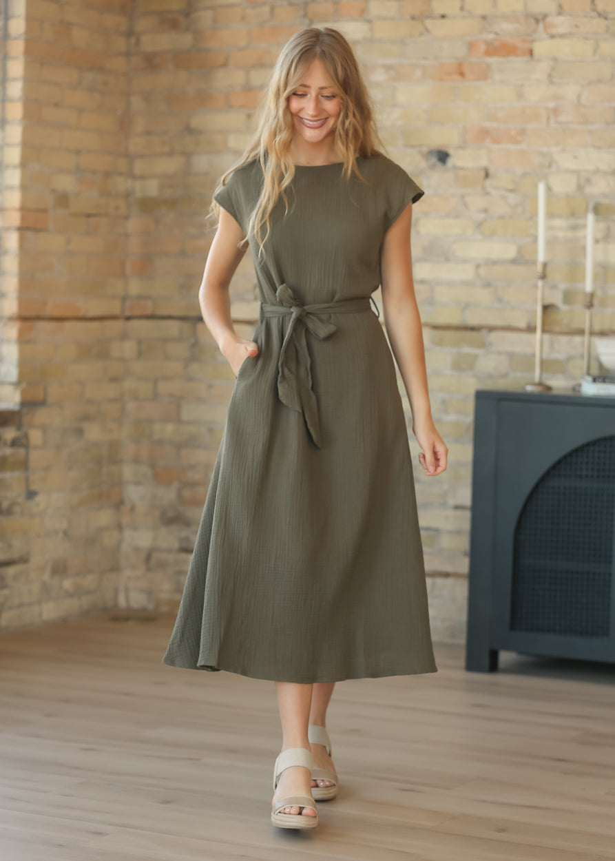 Lily Olive Gauze Belted Midi Dress, XX Large