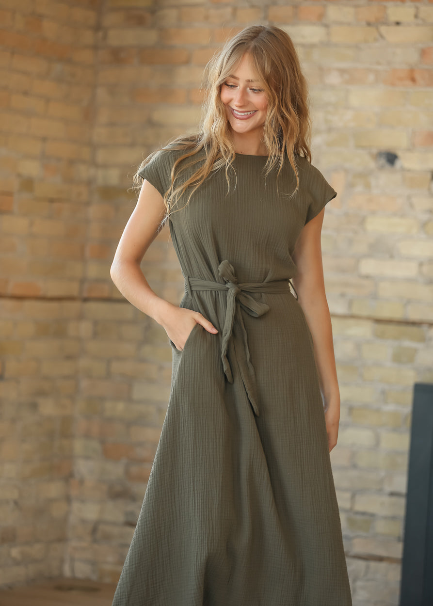 Lily Olive Gauze Belted Midi Dress IC Dresses