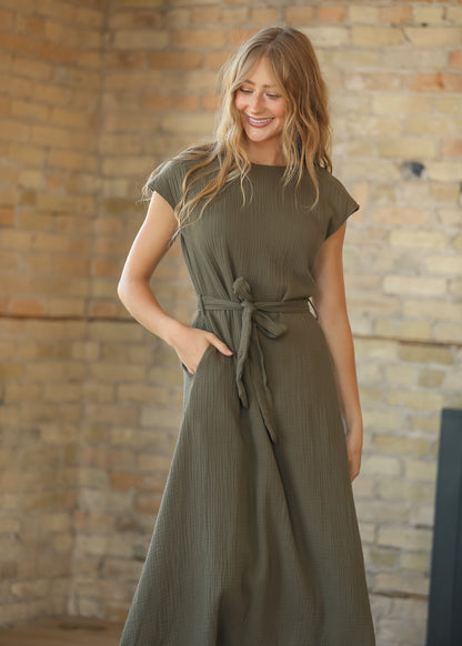Lily Olive Gauze Belted Midi Dress IC Dresses