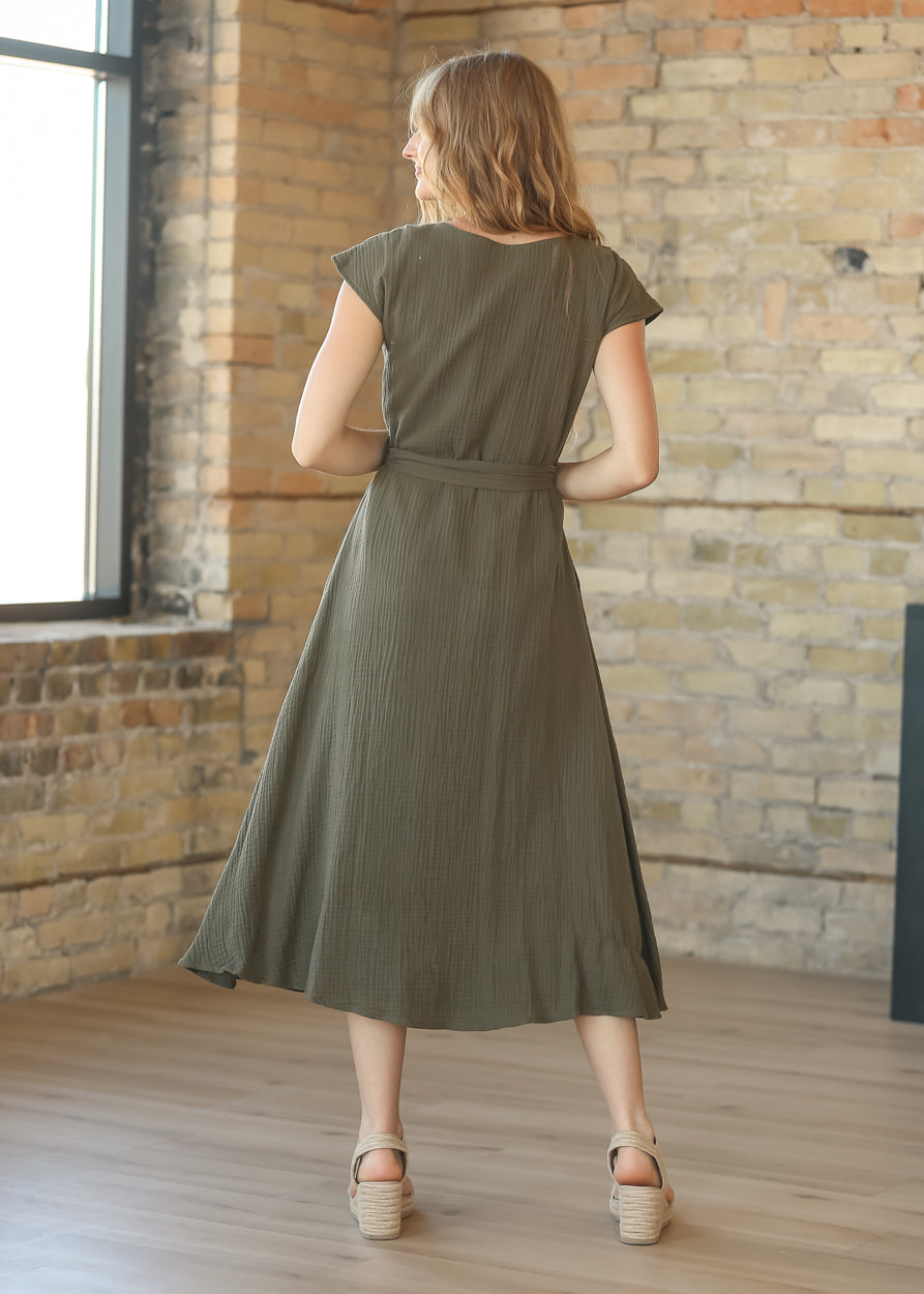Lily Olive Gauze Belted Midi Dress IC Dresses