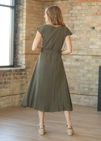 Lily Olive Gauze Belted Midi Dress IC Dresses