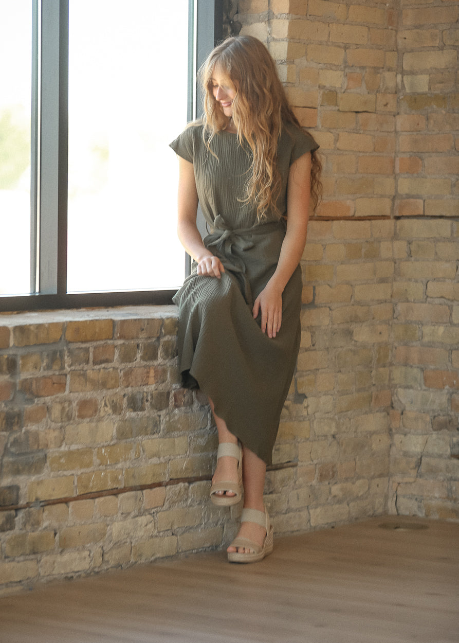 Lily Olive Gauze Belted Midi Dress IC Dresses