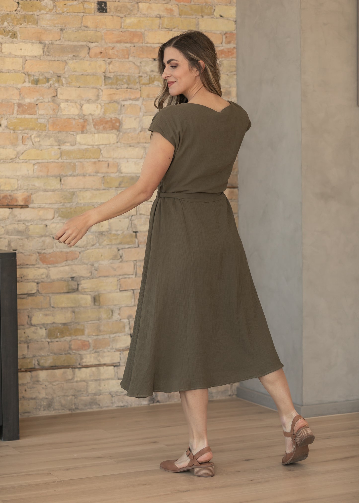 Lily Olive Gauze Belted Midi Dress IC Dresses